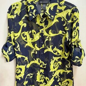 Women’s Stylish Sheer Navy Blue & Lime Green Blouse | Size 6